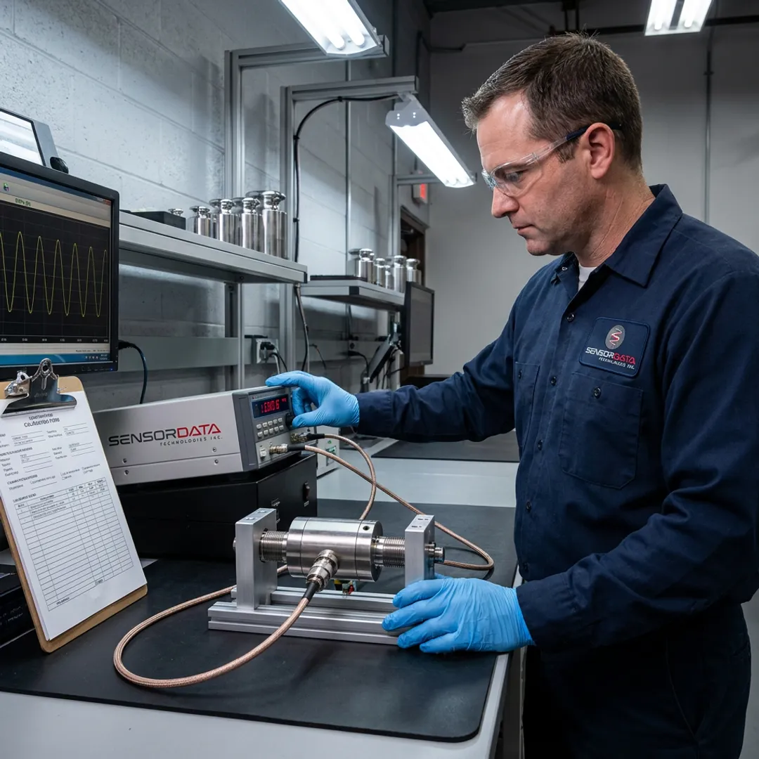 Technician reviewing torque transducer calibration data