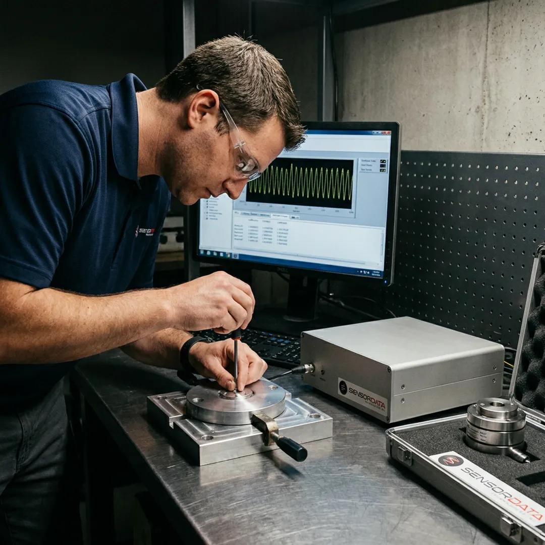 Engineer calibrating tactile pressure sensor system