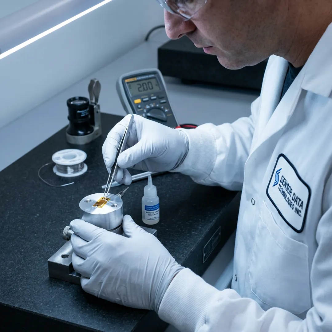 Technician installing a strain gauge on a metal test component