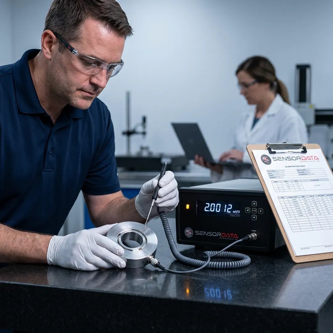 Engineers reviewing load cell measurement data