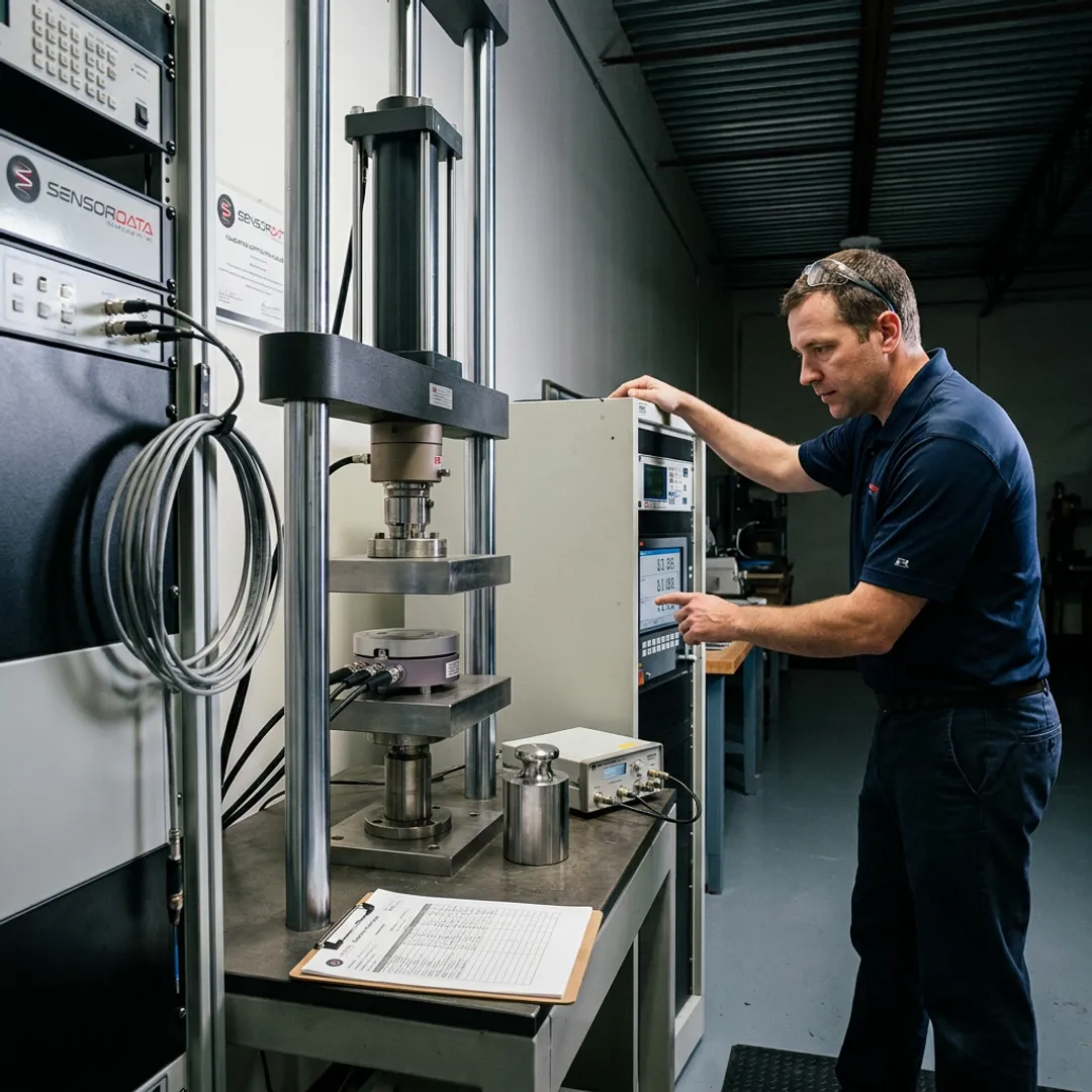 Engineer reviewing force sensor data during material testing