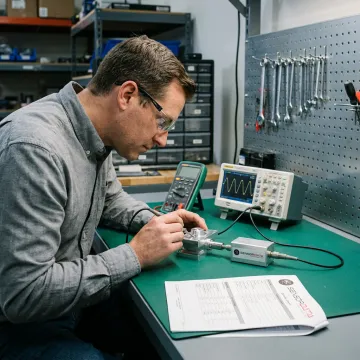 Engineer testing custom Hall effect sensor assembly