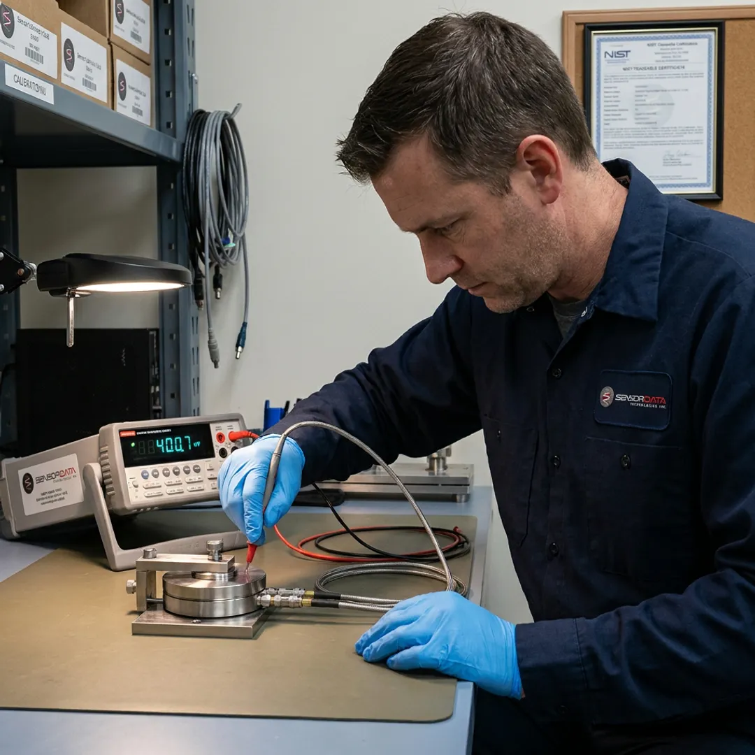 Technician calibrating an industrial sensor
