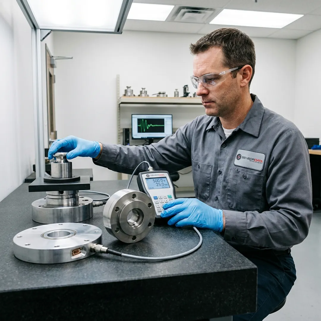 Technician calibrating precision sensors in a testing lab