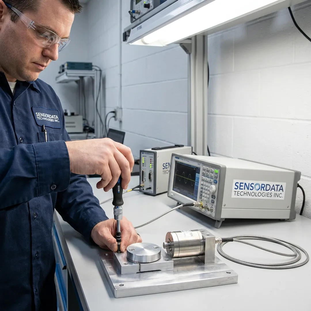 Engineer calibrating a precision sensor for manufacturing testing