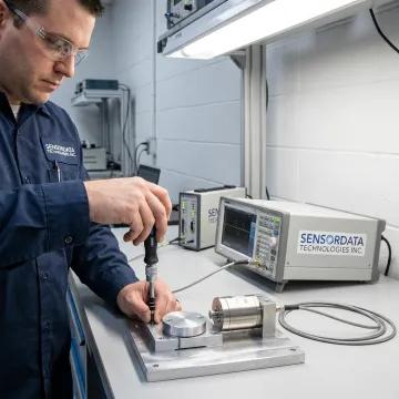 Engineer calibrating a precision sensor for manufacturing testing