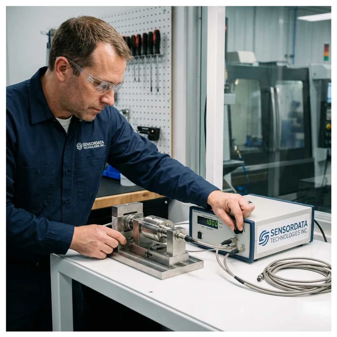 Technician calibrating industrial sensors