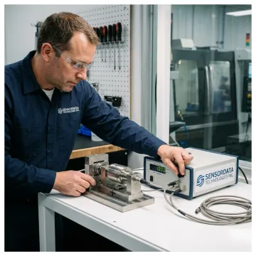Technician calibrating industrial sensors