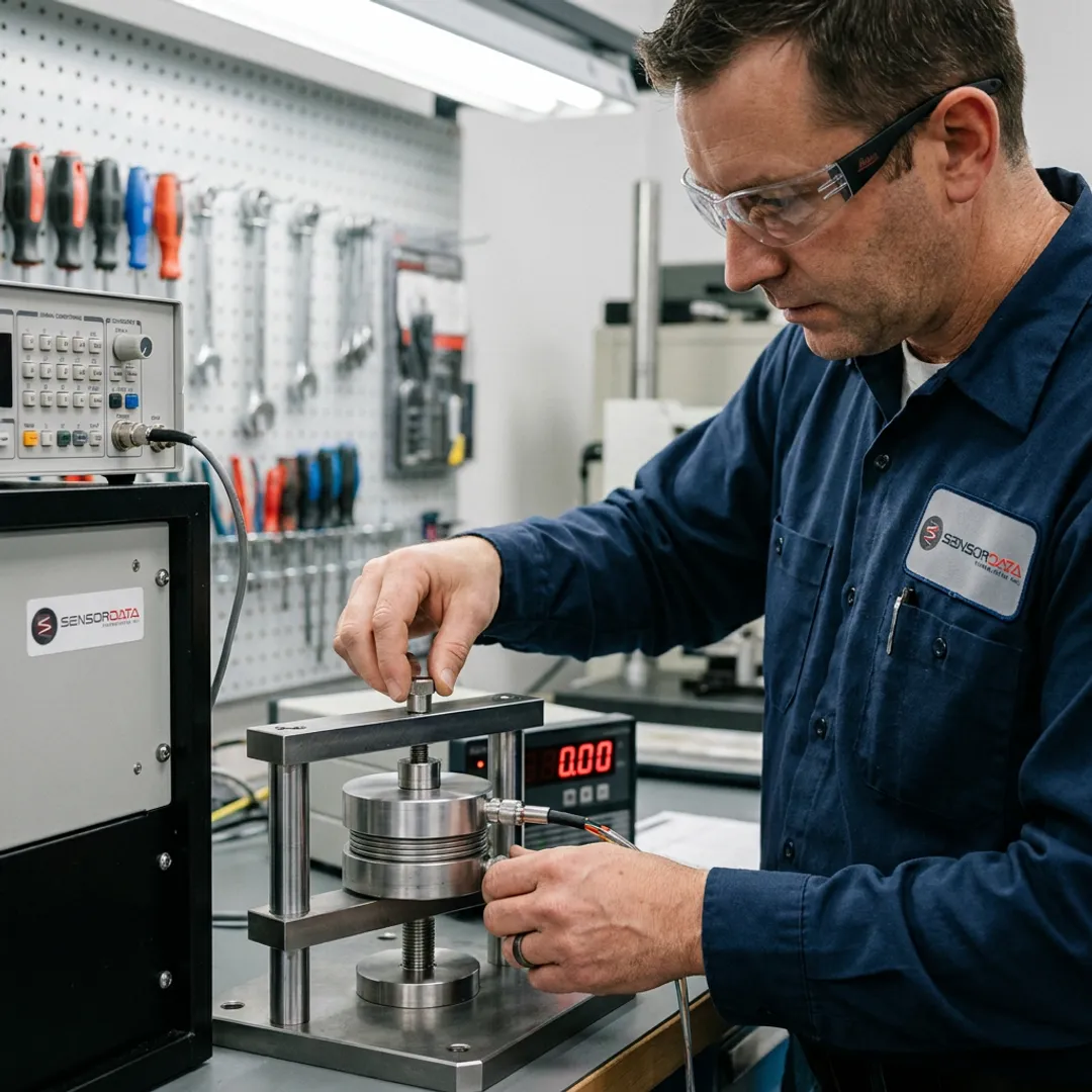 Engineer calibrating precision measurement sensors