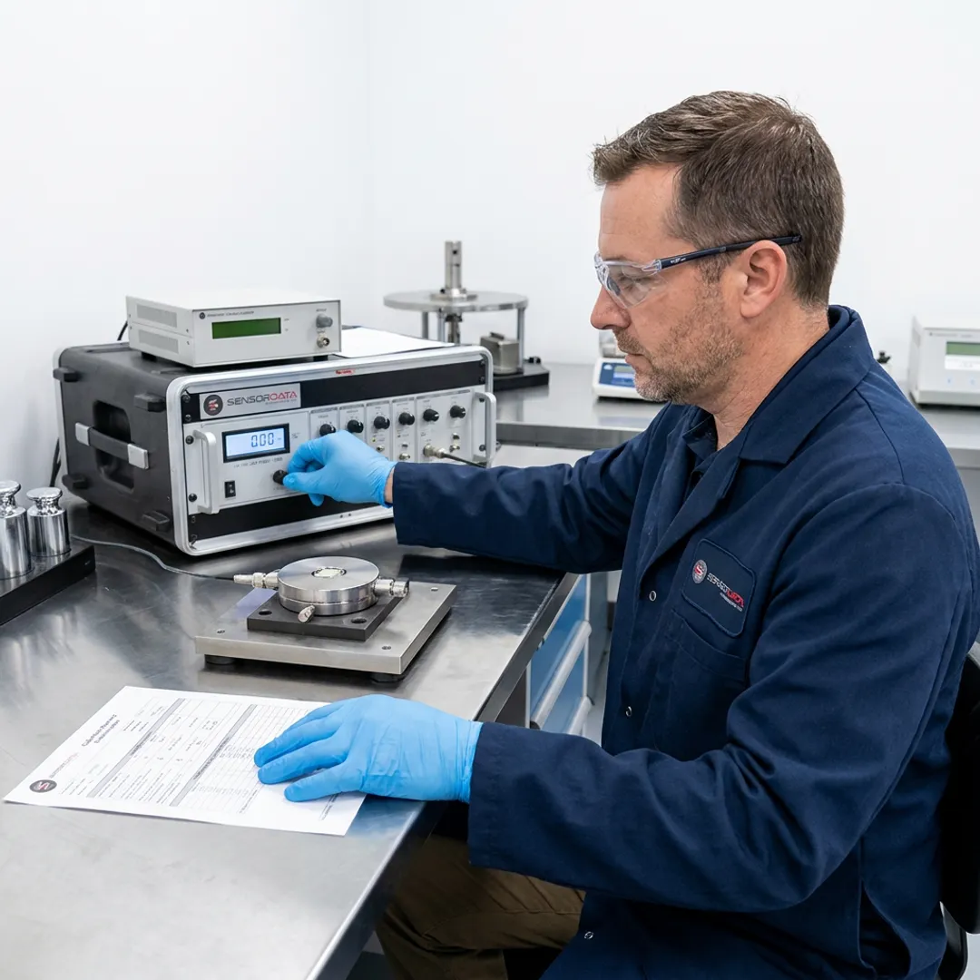 Technician calibrating precision force sensor equipment