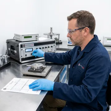Technician calibrating precision force sensor equipment