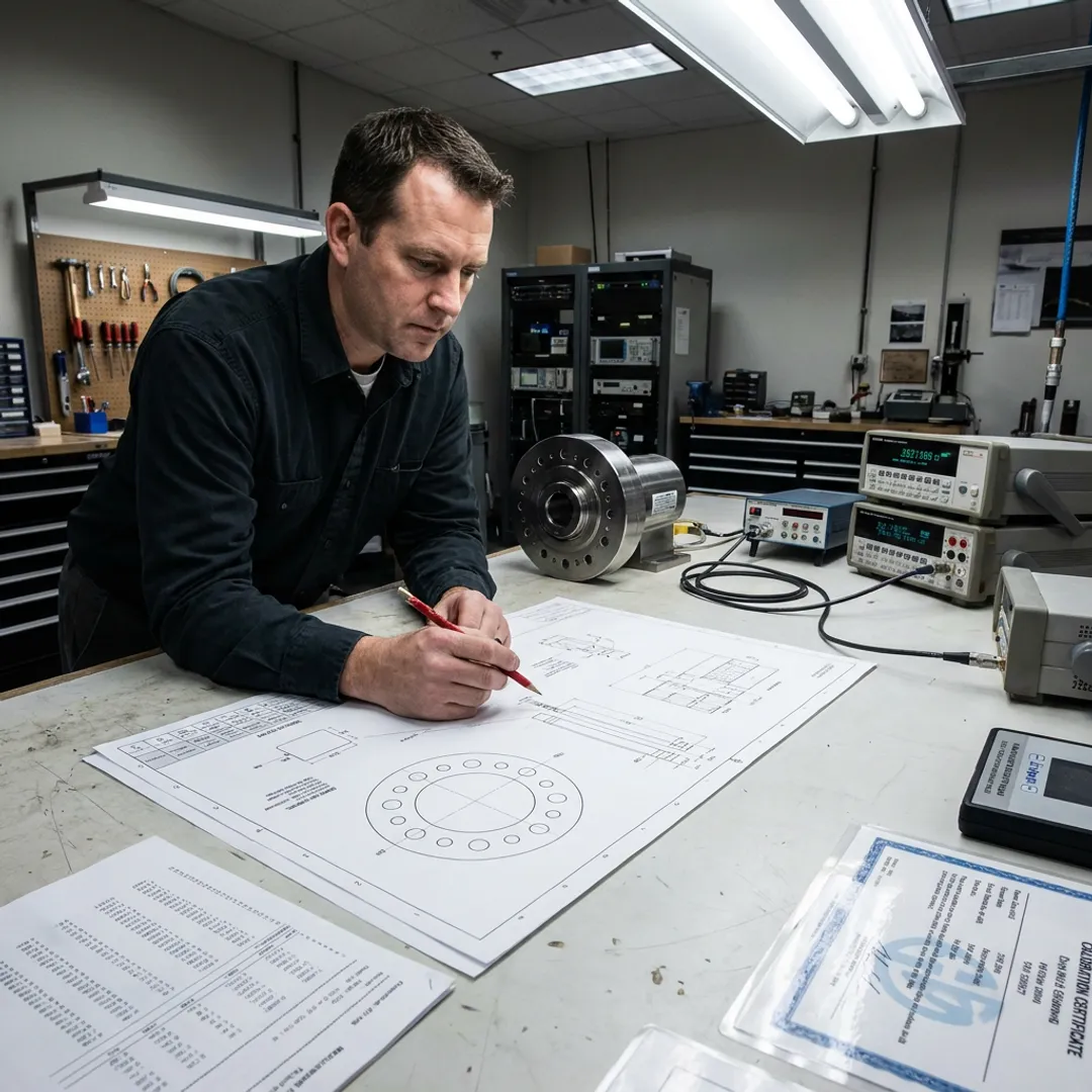 Engineer reviewing torque sensor design and calibration data