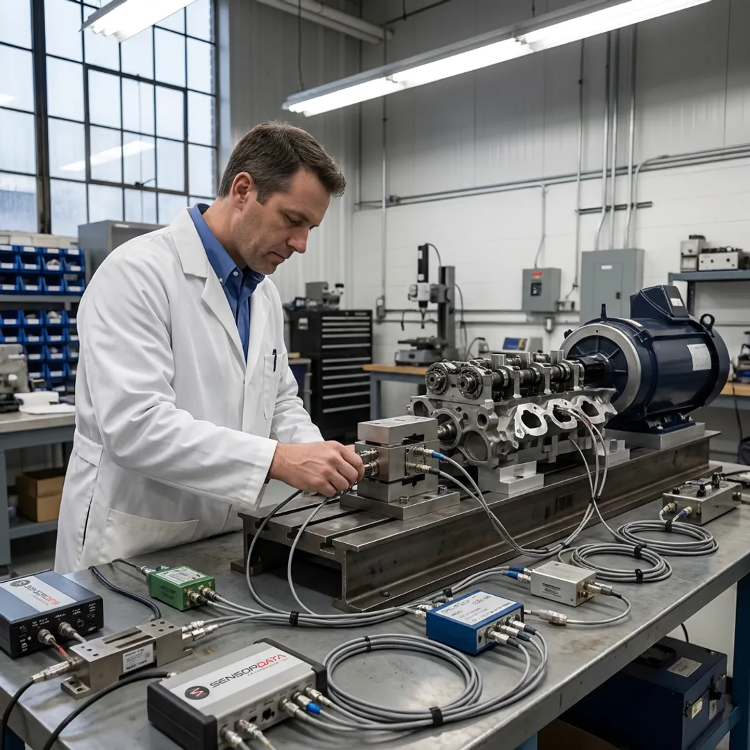 Engineer reviewing precision sensor measurement system components