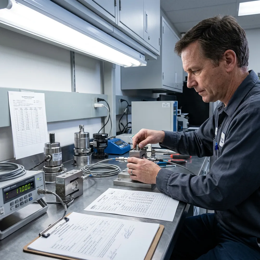 Technician reviewing calibrated sensors and measurement documentation
