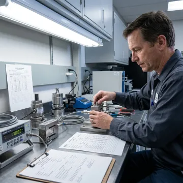 Technician reviewing calibrated sensors and measurement documentation