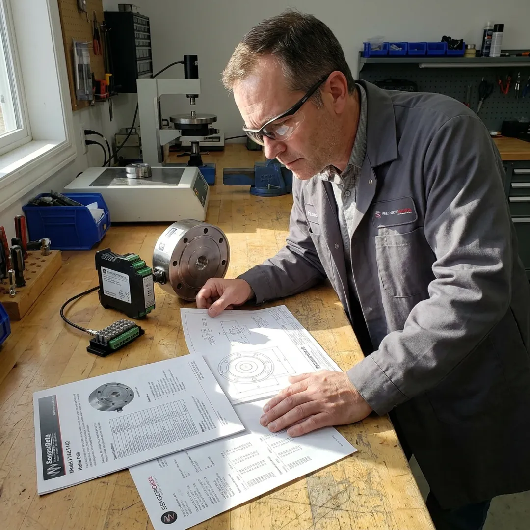 Engineer reviewing sensor specifications and measurement system design