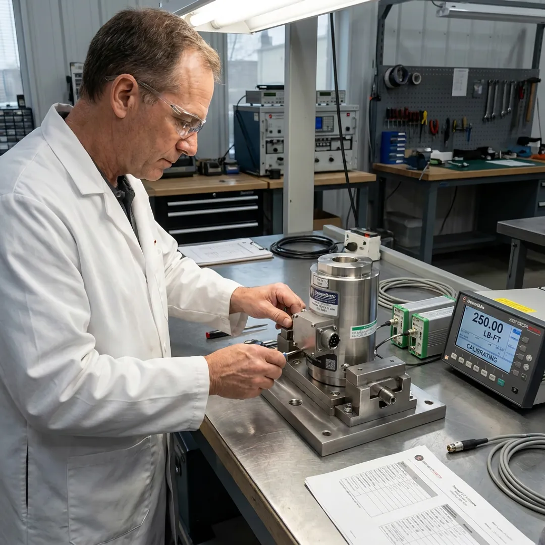 Technician calibrating precision measurement sensors in a laboratory
