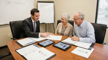 Financial advisor reviewing estate tax planning strategy with clients at meeting table