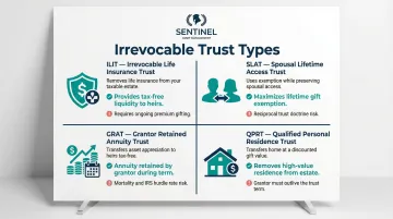 Four irrevocable trust types for estate tax reduction comparison infographic