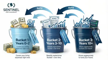 Three-bucket retirement strategy time horizon and asset allocation breakdown infographic
