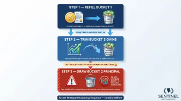 Three-step bucket refill sequence and annual rebalancing process flow diagram
