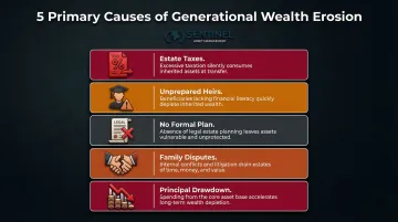 Five primary causes of generational wealth erosion infographic breakdown
