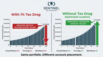 Tax drag impact on one million dollar portfolio compounding over 30 years wealth comparison