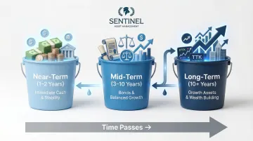 Three-bucket retirement withdrawal strategy near mid and long-term asset allocation