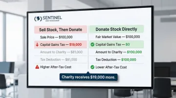 Side-by-side comparison of donating stock directly versus selling stock then donating proceeds
