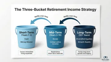 Three-bucket retirement income strategy diagram short medium and long term assets
