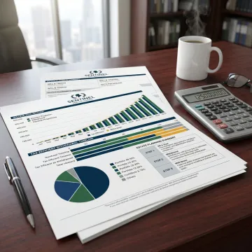 Detailed financial planning documents with retirement income projections, investment charts, and tax strategy graphs spread across a desk