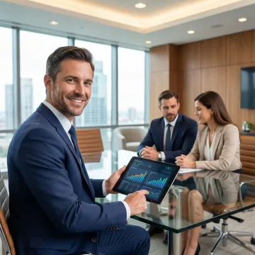 Financial advisor presenting a comprehensive wealth plan to clients using a digital tablet