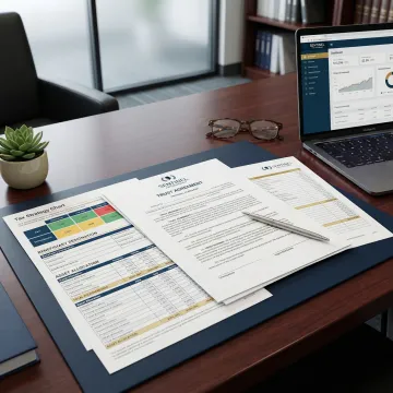 Estate planning documents with trust agreements and tax strategy charts