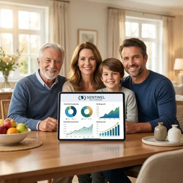 Family with children looking at digital financial dashboard showing diversified investment portfolio growth