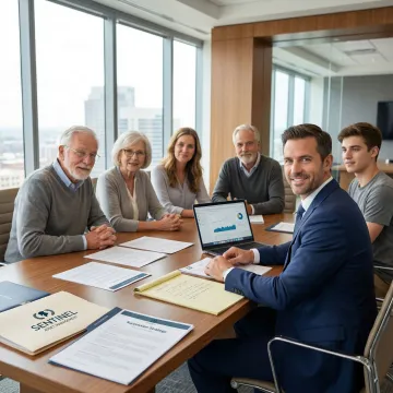 Multi-generational family reviewing legacy planning documents with financial advisor