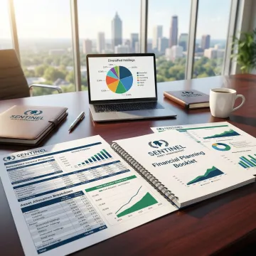 Financial planning documents and investment charts displayed on modern desk with Atlanta skyline visible through window