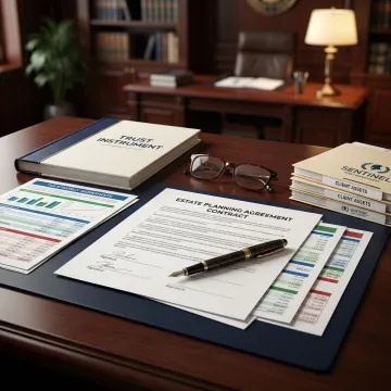Estate planning documents with trust agreements and tax optimization charts