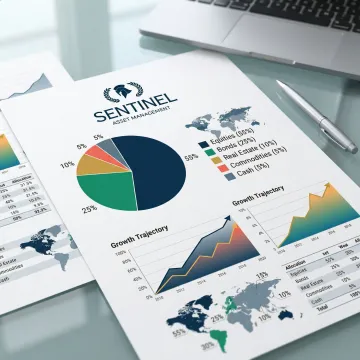 Diversified investment portfolio allocation pie chart and growth projection