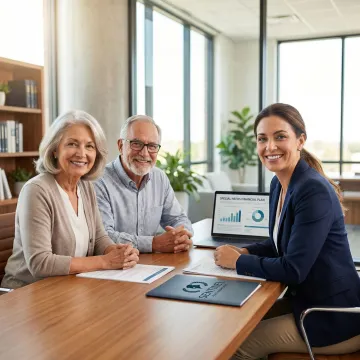 Parents reviewing special needs trust documents with compassionate financial advisor at desk