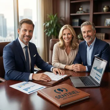 Financial advisor discussing wealth and estate planning strategies with clients in a modern conference room
