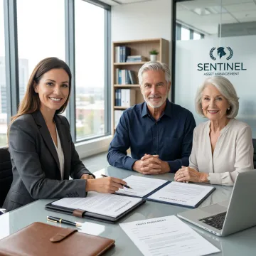 Financial advisor reviewing trust documents and estate plan with senior clients