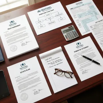 Estate planning documents with trust agreements and financial charts organized on a professional desk