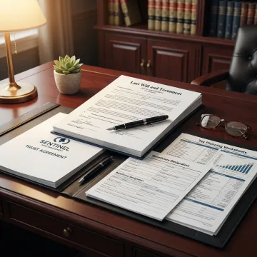 Estate planning documents with trust agreements and beneficiary forms on desk
