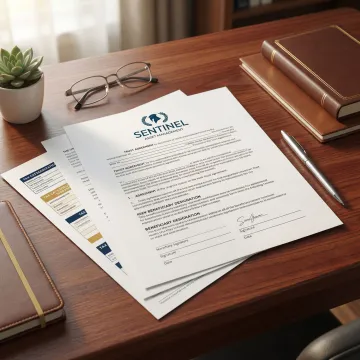 Open estate planning binder with organized legal documents and financial statements