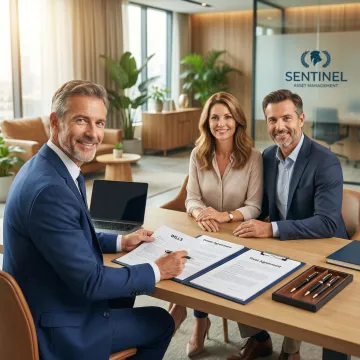 Estate planning advisor reviewing documents with clients at a conference table