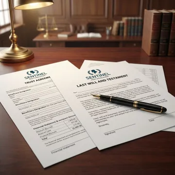 Estate planning documents including will, trust agreement, and financial statements on desk