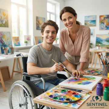 Special needs trust beneficiary enjoying recreational activities with caregiver support