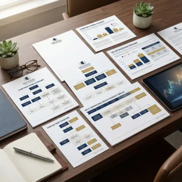 Financial documents showing charitable giving strategies, tax planning charts, and legacy distribution structures on a desk