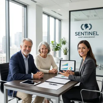 Couple reviewing retirement income planning documents with financial advisor