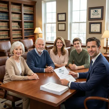 Family reviewing estate planning documents with financial advisor